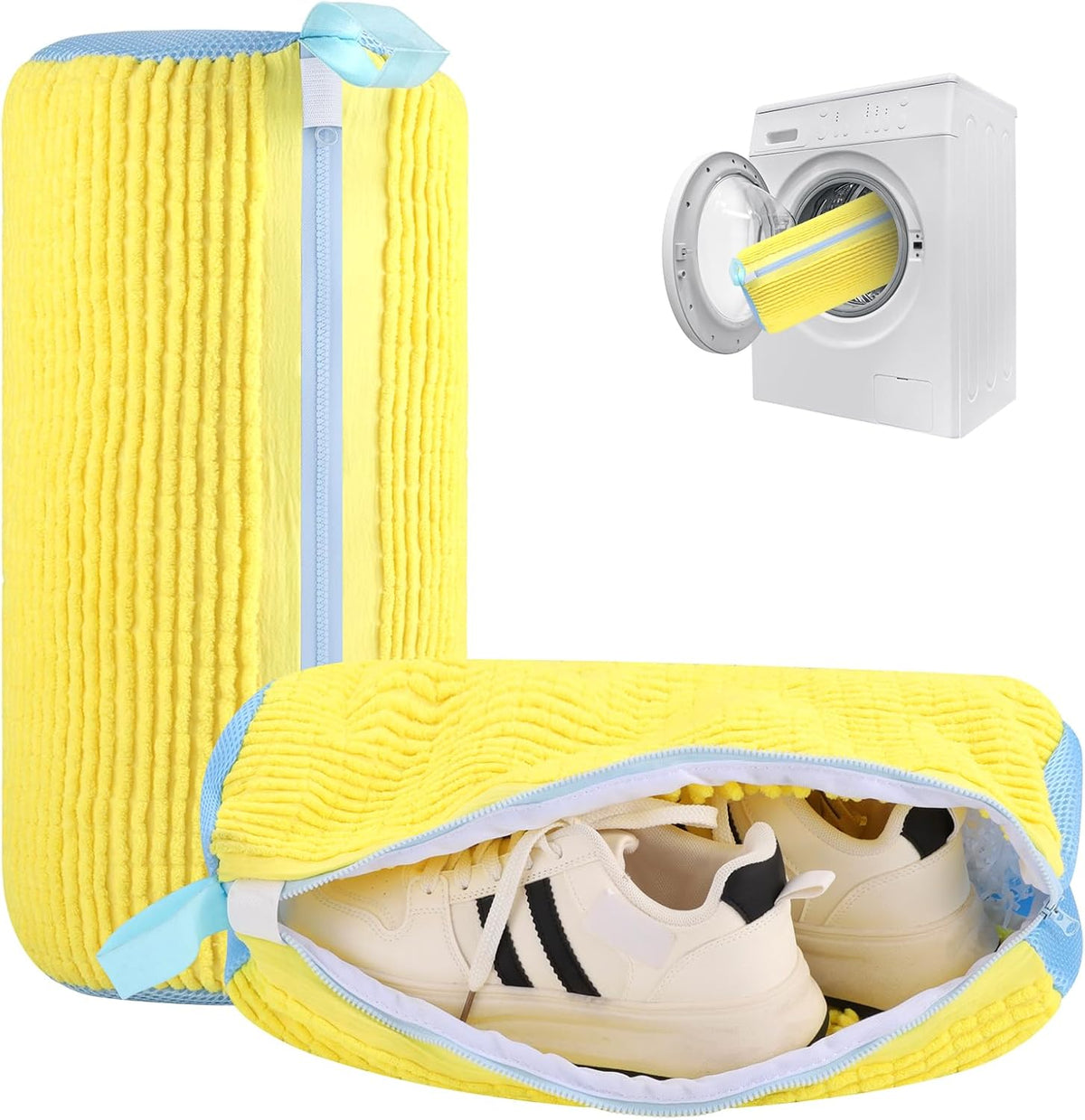 Dntorx 2 PCS Shoe Washing Machine Bag Shoe Laundry Bags, Yellow & Blue Chenille Mesh Shoe Bag for Washing Machine with L-Shaped Zipper, Fits Sneaker Tennis Shoes