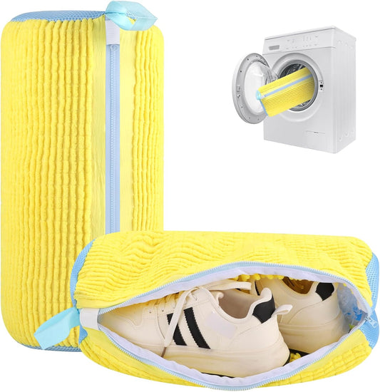 Dntorx 2 PCS Shoe Washing Machine Bag Shoe Laundry Bags, Yellow & Blue Chenille Mesh Shoe Bag for Washing Machine with L-Shaped Zipper, Fits Sneaker Tennis Shoes