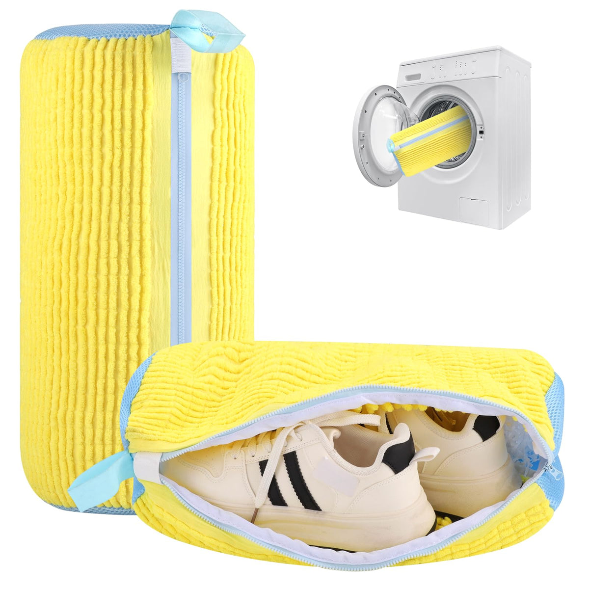 Dntorx 2 PCS Shoe Washing Machine Bag Shoe Laundry Bags, Yellow & Blue Chenille Mesh Shoe Bag for Washing Machine with L-Shaped Zipper, Fits Sneaker Tennis Shoes