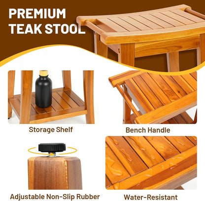 16" Compact Teak Shower Bench with Shelf & Handle, Solid Premium Teak Shower Stool, Durable Waterproof Seat for Inside Shower, Teak Wood Bench for Bathroom, Indoor & Outdoor Use