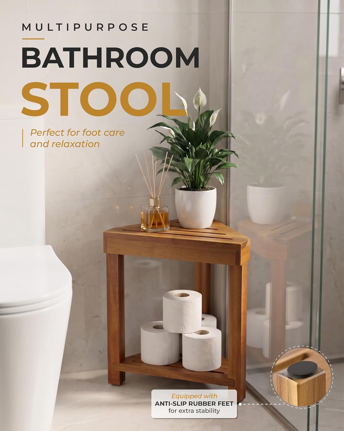 BLUEWEST 16.4 in Corner Shower Stool for Shaving Legs with Storage Shelf