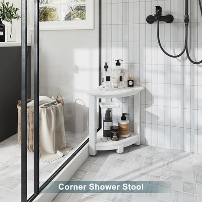 NALONE Corner Shower Stool, HDPE Shower Bench for Inside Shower, Small Shower Chair Seat for Shaving Legs with Storage Shelf, Soap Box and No-Slip Feet (White)