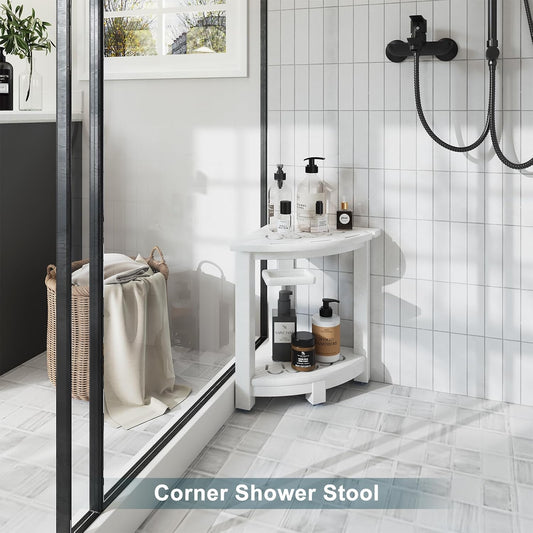 NALONE Corner Shower Stool, HDPE Shower Bench for Inside Shower, Small Shower Chair Seat for Shaving Legs with Storage Shelf, Soap Box and No-Slip Feet (White)