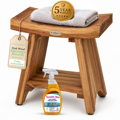 EcoDecors 18" Teak Shower Bench with Shelf, Solid Teak Wood Shower Stool