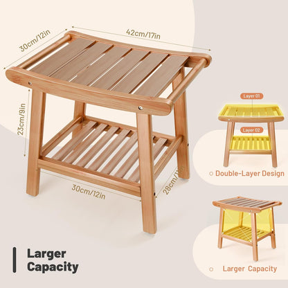 Bamboo Shower Stool Bench,Shower Chair for Inside Shower with Storage Shelf