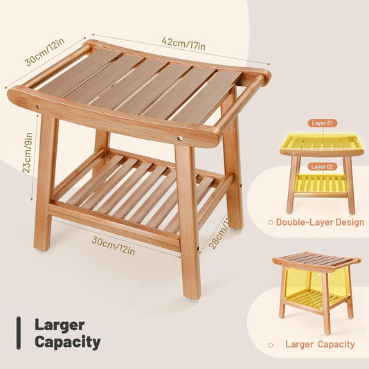 Bamboo Shower Stool Bench,Shower Chair for Inside Shower with Storage Shelf