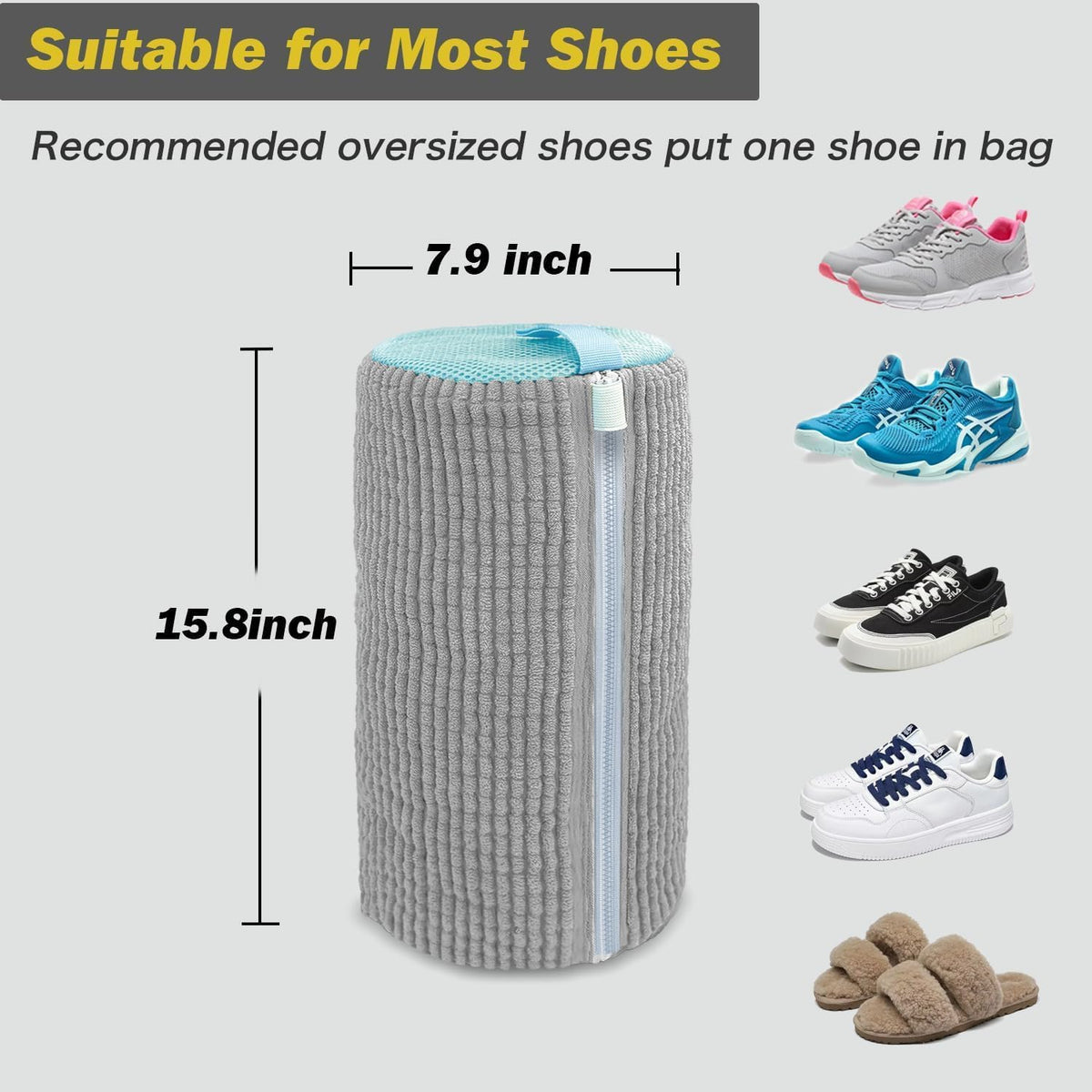 Shoe Washing Machine Bag,Laundry Shoe Bag for Washer and Dryer,Reusable Shoe Cleaning Bag for Sneakers,Tennis Shoes,With Self-locking Zipper, Microfiber Inside (2, Light =Grey)