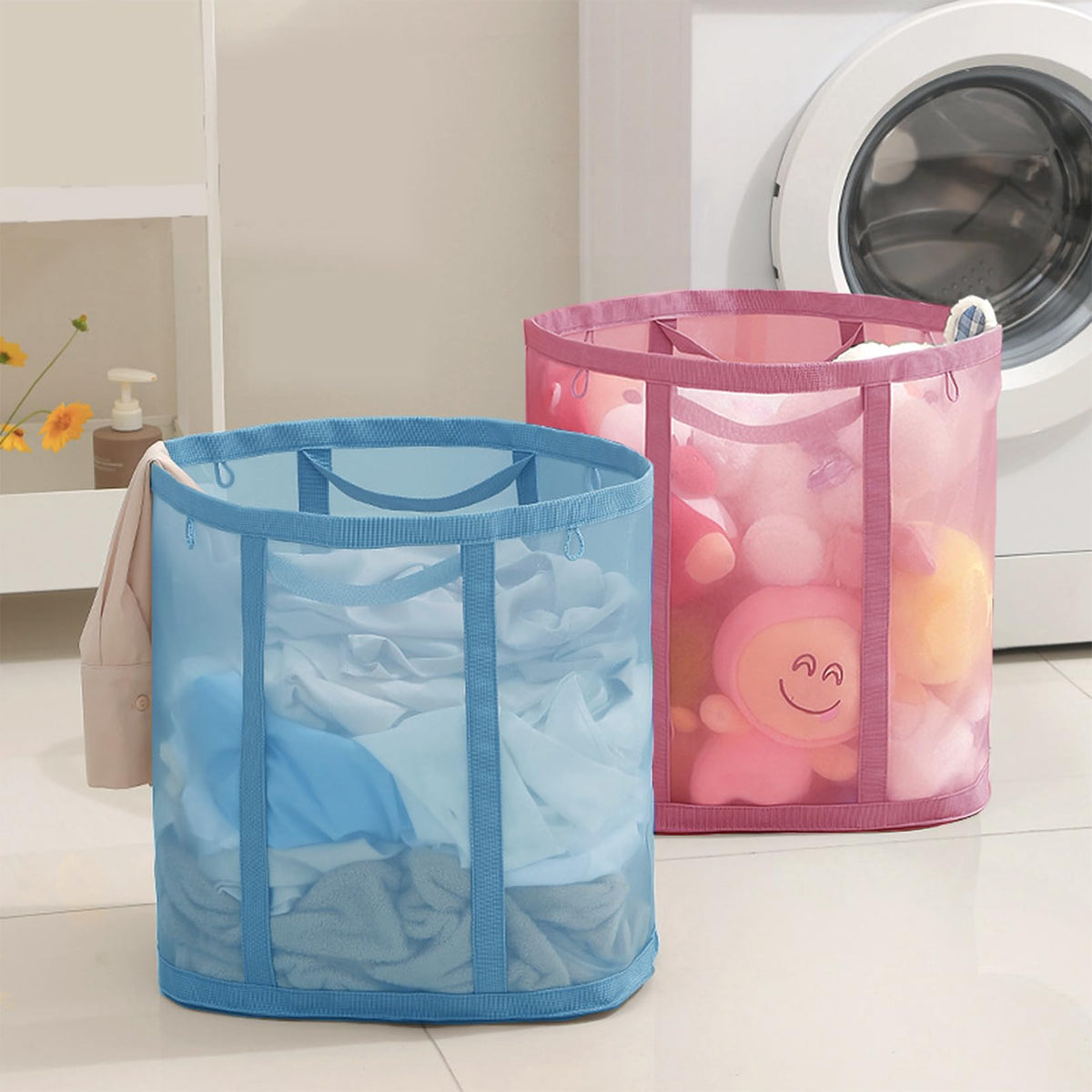 Mesh Bag with Handles, Collapsible Laundry Basket, Foldable Laundry Bag, Breathable Folding Beach Bag,Space-saving Travel Tote Bags (1, Black)