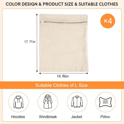 4-Piece Large Durable Organic Cotton Mesh Laundry Bags with Sturdy Zippers and Breathable Mesh are Delicate Laundry Bags for Underwear, Clothes, Pants and Socks