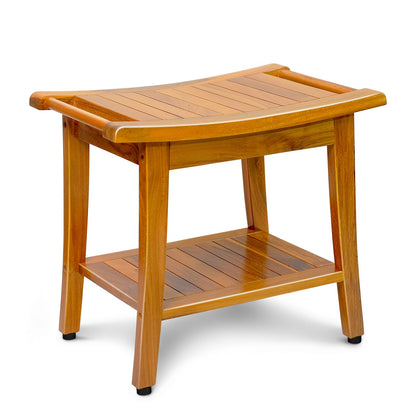 16" Compact Teak Shower Bench with Shelf & Handle, Solid Premium Teak Shower Stool, Durable Waterproof Seat for Inside Shower, Teak Wood Bench for Bathroom, Indoor & Outdoor Use