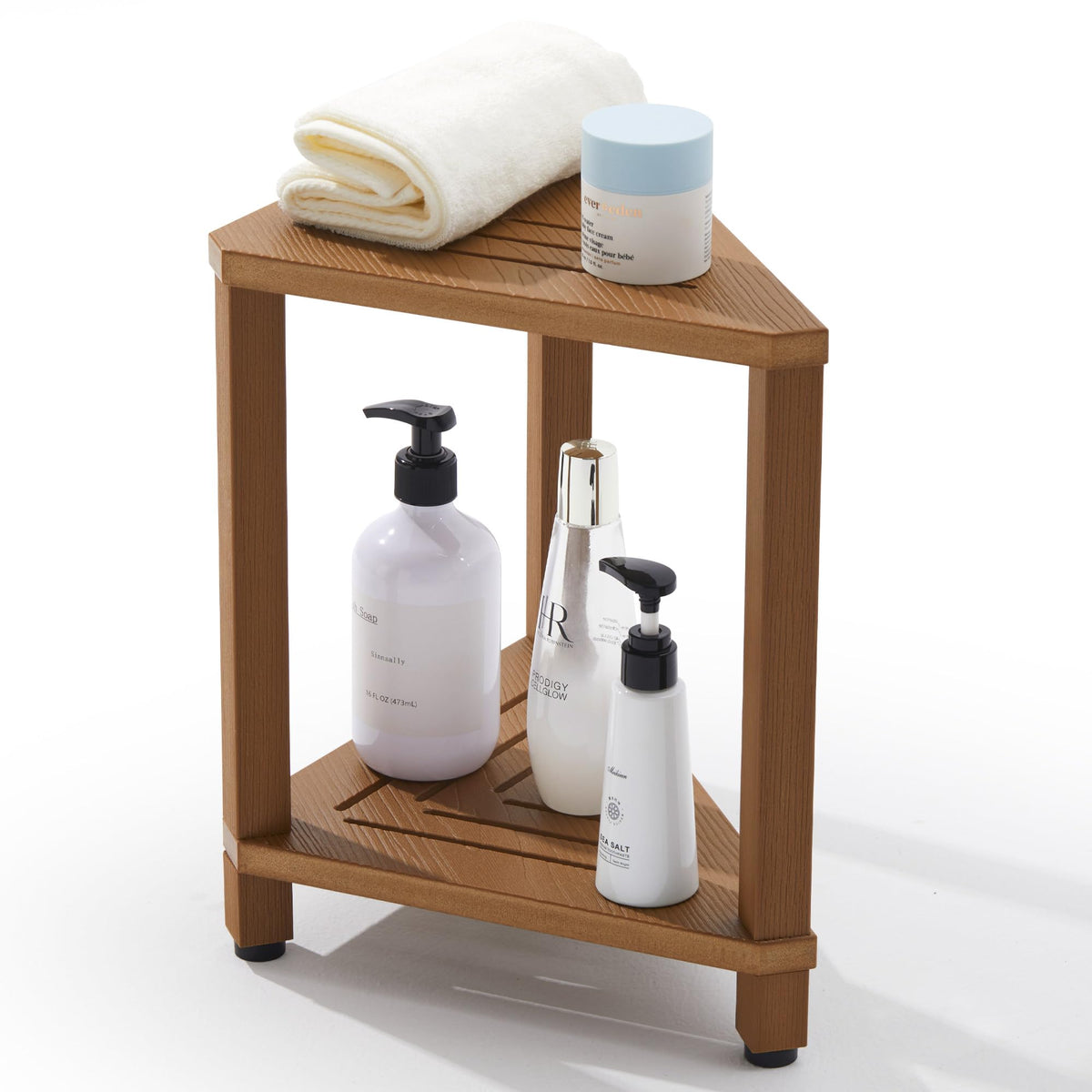 Corner Shower Stool with Storage Shelf, HDPS Waterproof Shower Foot Rest for Shaving Legs, 2-Tier Triangle Bathroom Stool for Inside Shower, Non-Slip Small Shower Bench, White