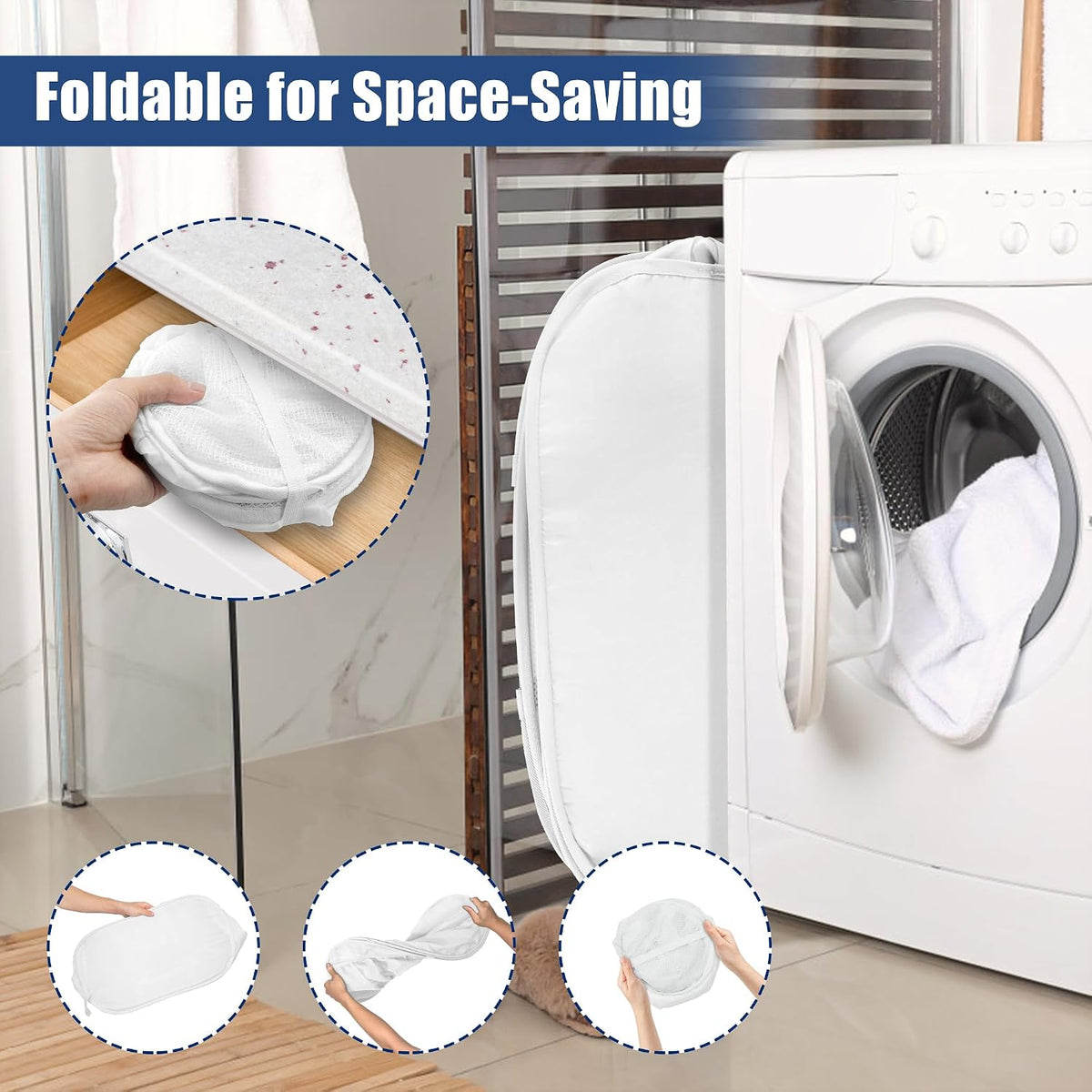 2 Pack Collapsible Laundry Baskets, Upgrade Pop Up Laundry Hamper with Convenient Bags, Foldable Laundry Basket Mesh Light Weight, Easy to Carry Clothes Hampers for Laundry, Dorm, Toys, Travel White
