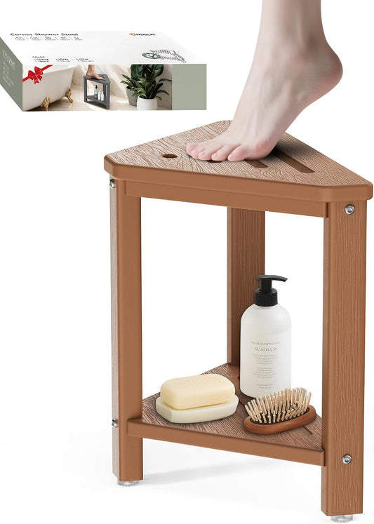 Shower Foot Rest 15in, HDPE Corner Shower Stool for Shaving Legs,Teak Color