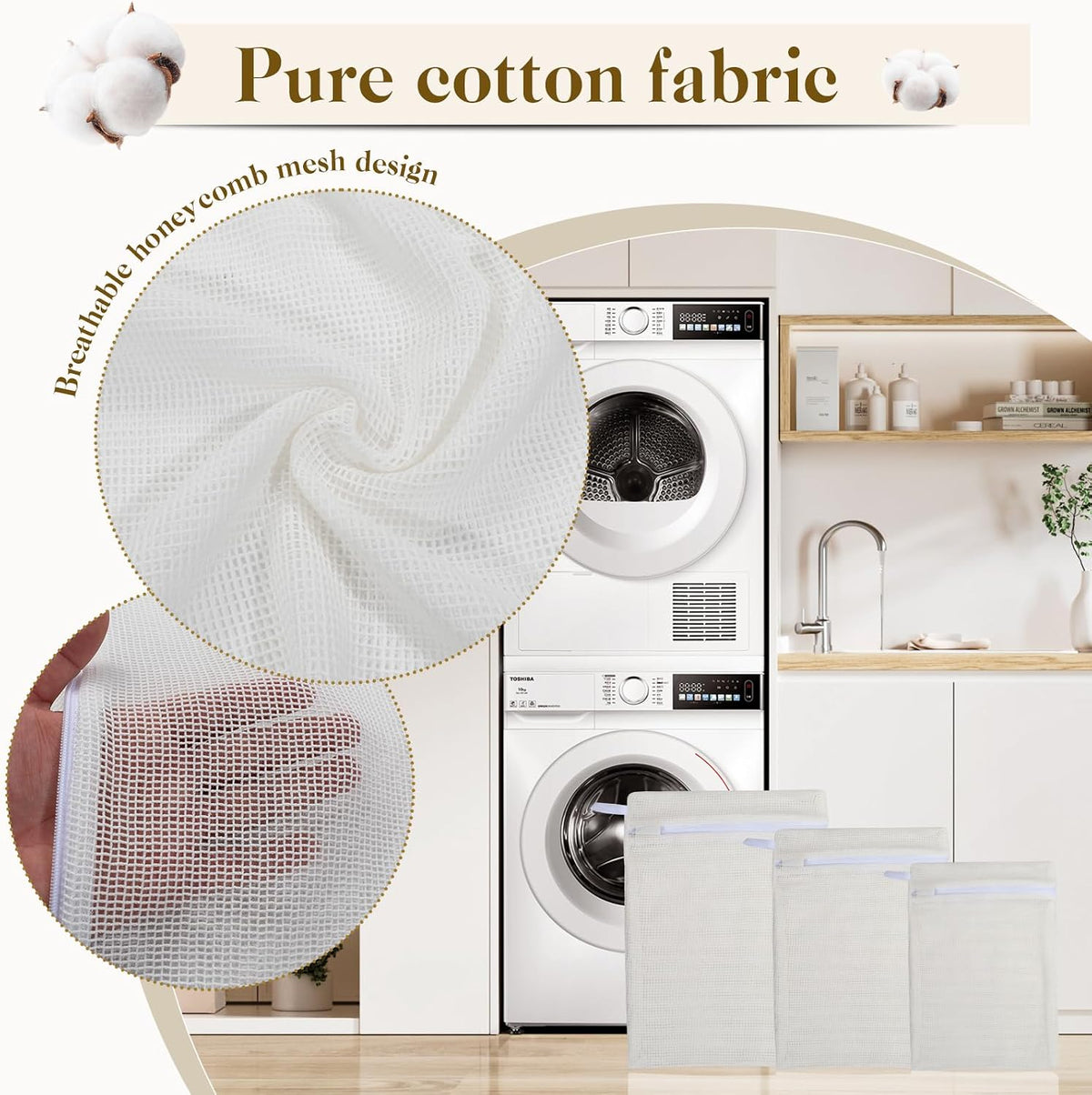 5-Piece Organic Cotton Laundry Bags with Zipper and Hanging Loop, 3 Sizes (S, M, L) Mesh Laundry Bag, Durable Cotton Mesh Laundry Bag for Delicate Underwear and Socks.