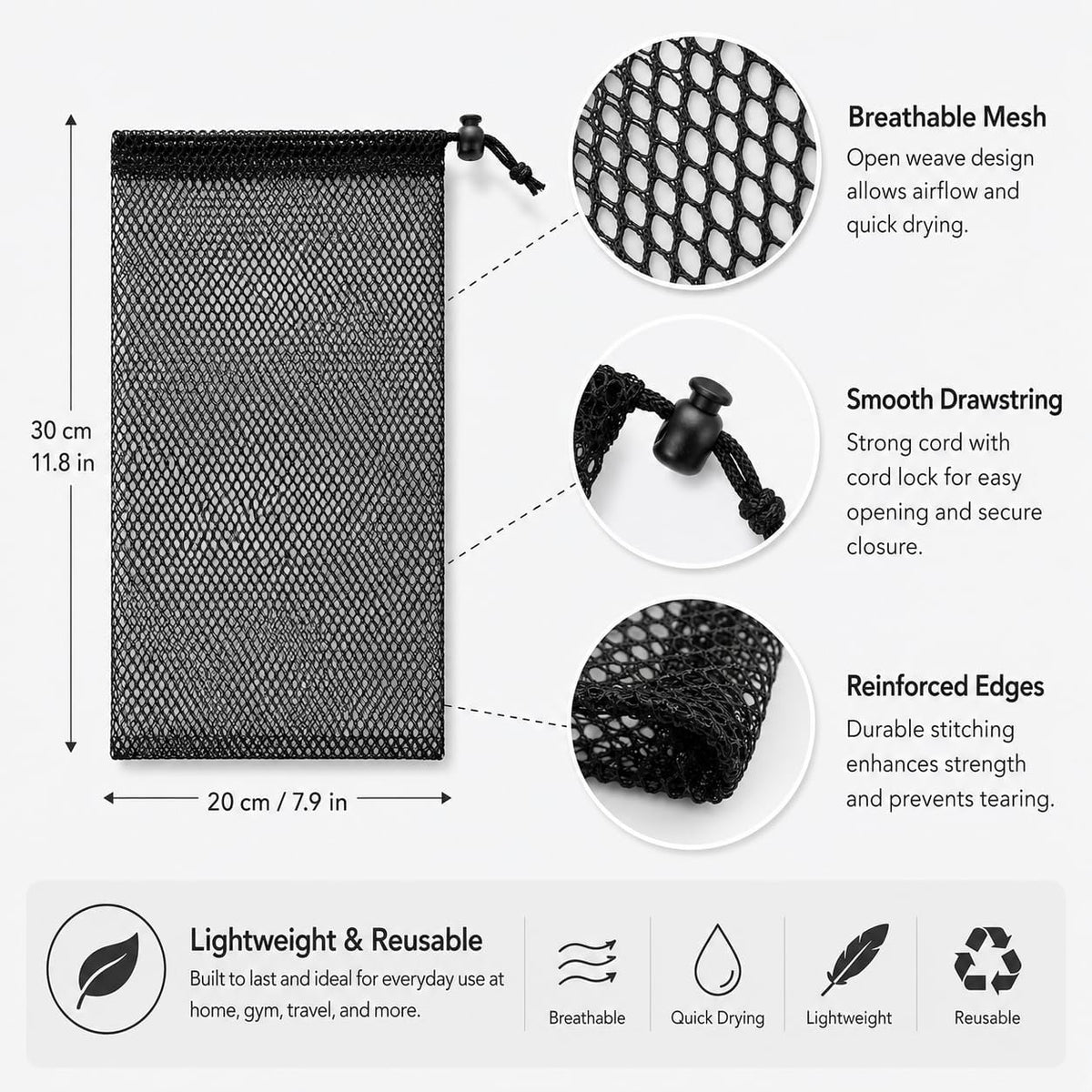30 Pack 8 x 12 Inch Mesh Drawstring Bags, Black Nylon Mesh Bag with Cord Lock Closure, Portable Laundry Bag Golf Ball Bags for Jewelry Toys Sports Storage Outdoor