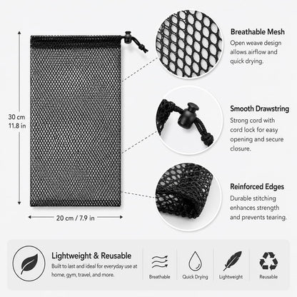 30 Pack 8 x 12 Inch Mesh Drawstring Bags, Black Nylon Mesh Bag with Cord Lock Closure, Portable Laundry Bag Golf Ball Bags for Jewelry Toys Sports Storage Outdoor