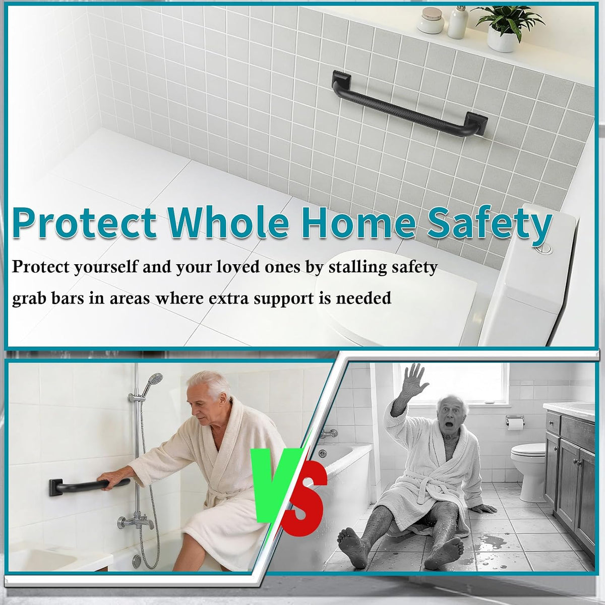 Shower Grab Bars for Seniors, 12 Inch Square Matte Black Bathroom Handle for Wall, 304 Stainless Steel Anti Slip Bathtub Safety Bar, ADA Compliant 500 LBS Hand Rail for Elderly, Handicap