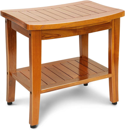 20" Premium Teak Shower Bench with Shelf & Handle, Solid Teak Shower Stool, Durable Wooden Waterproof Seat for Inside Shower, Teak Wood Bench for Bathroom, Indoor & Outdoor Use