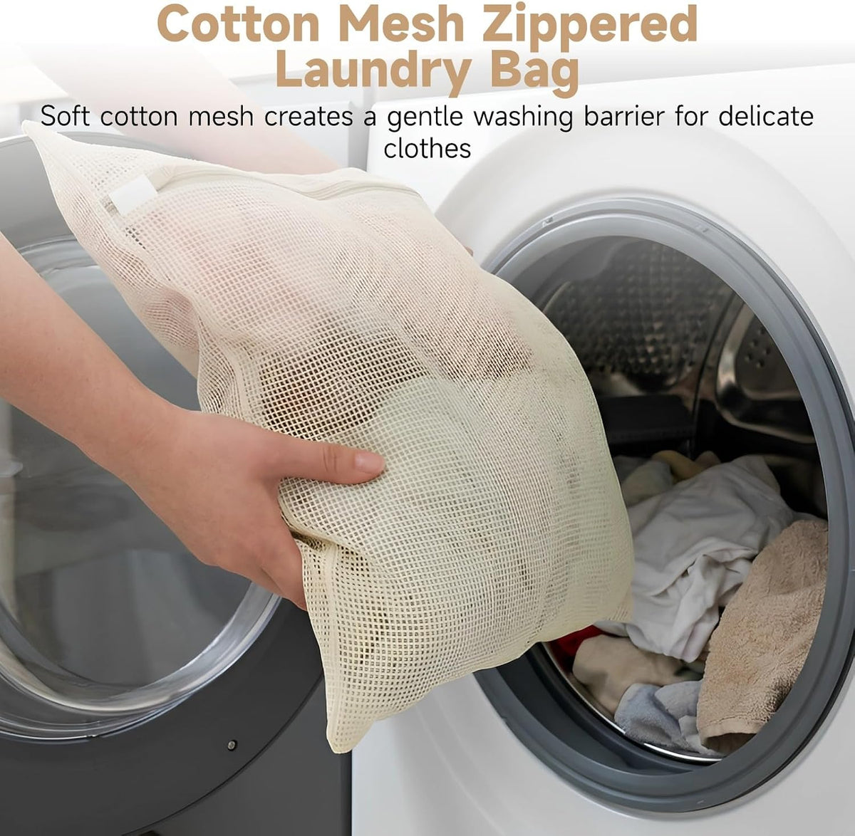 4 PCS Cotton Mesh Laundry Bags, Delicate Wash Bags with Hidden Zipper Protector, Reusable Breathable Laundry Net for Underwear Socks Pants Clothes, Travel Storage Pouches
