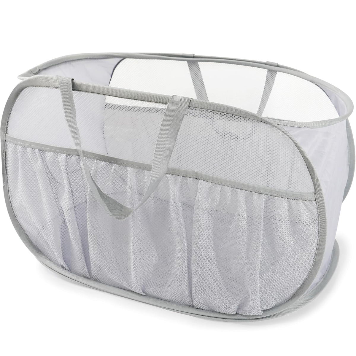 2 Pack Collapsible Laundry Baskets, Upgrade Pop Up Laundry Hamper with Convenient Bags, Foldable Laundry Basket Mesh Light Weight, Easy to Carry Clothes Hampers for Laundry, Dorm, Toys, Travel White