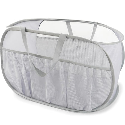 2 Pack Collapsible Laundry Baskets, Upgrade Pop Up Laundry Hamper with Convenient Bags, Foldable Laundry Basket Mesh Light Weight, Easy to Carry Clothes Hampers for Laundry, Dorm, Toys, Travel White