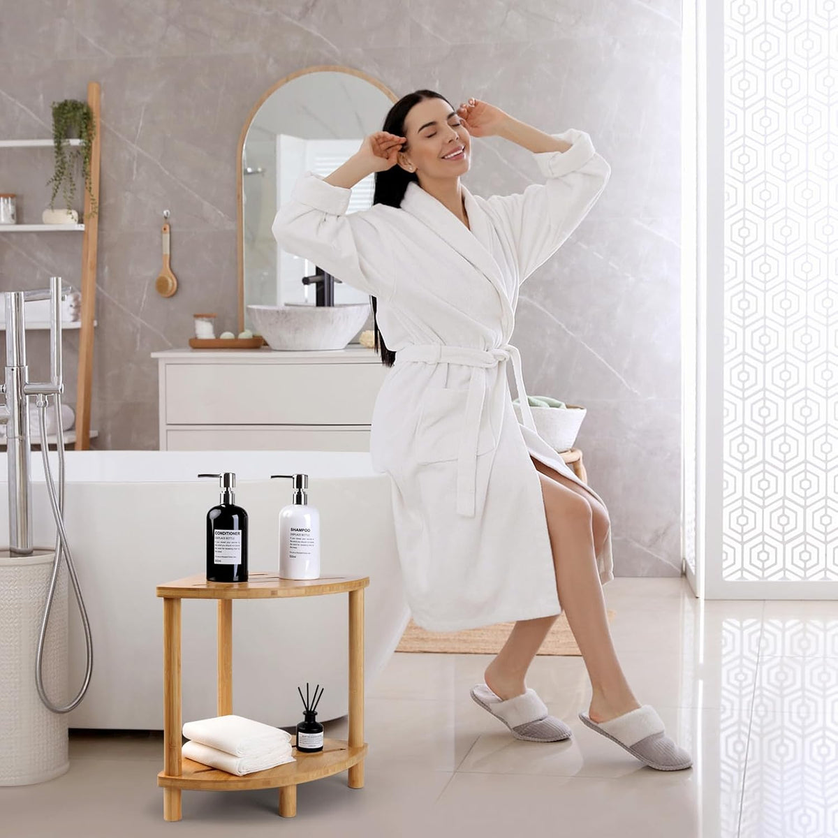 Bamboo Shower Stool for Inside Shower 2-Tier,Corner Shower Bench