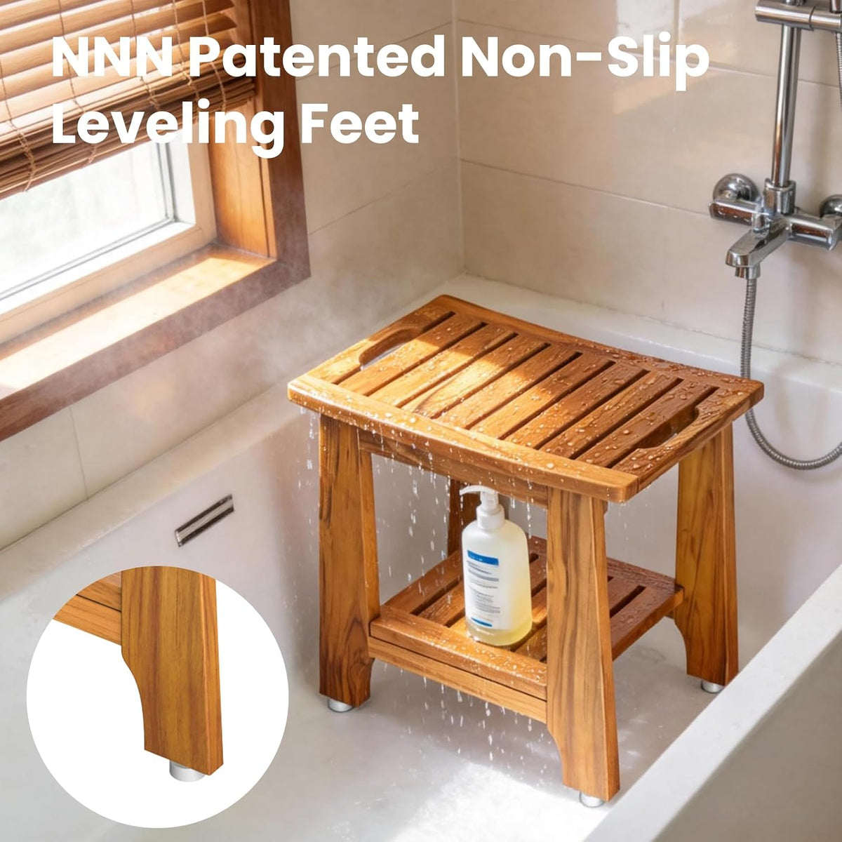 NNN 18" Standard Teak Shower Bench with Japan-Made Non-Slip Leveling Feet