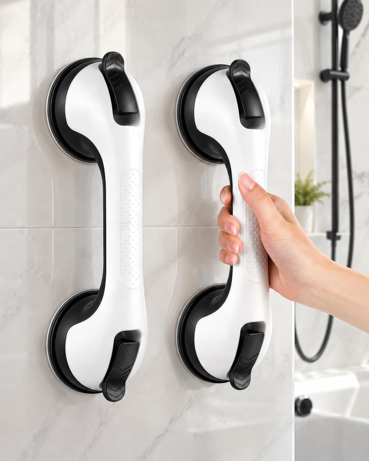 Suction Grab Bars for Shower, Gel-Enhanced Shower Handle for Senior, Silver