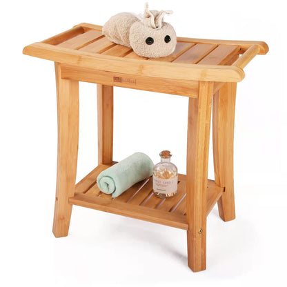 Unibambou Bamboo Shower Bench Inside Shower Stool with Storage Shelf, Spa Bath Chair for Bathroom, Seat or Organizer for Living Room, Bedroom and Garden - Great for All Ages Elderly (Small, Natural)