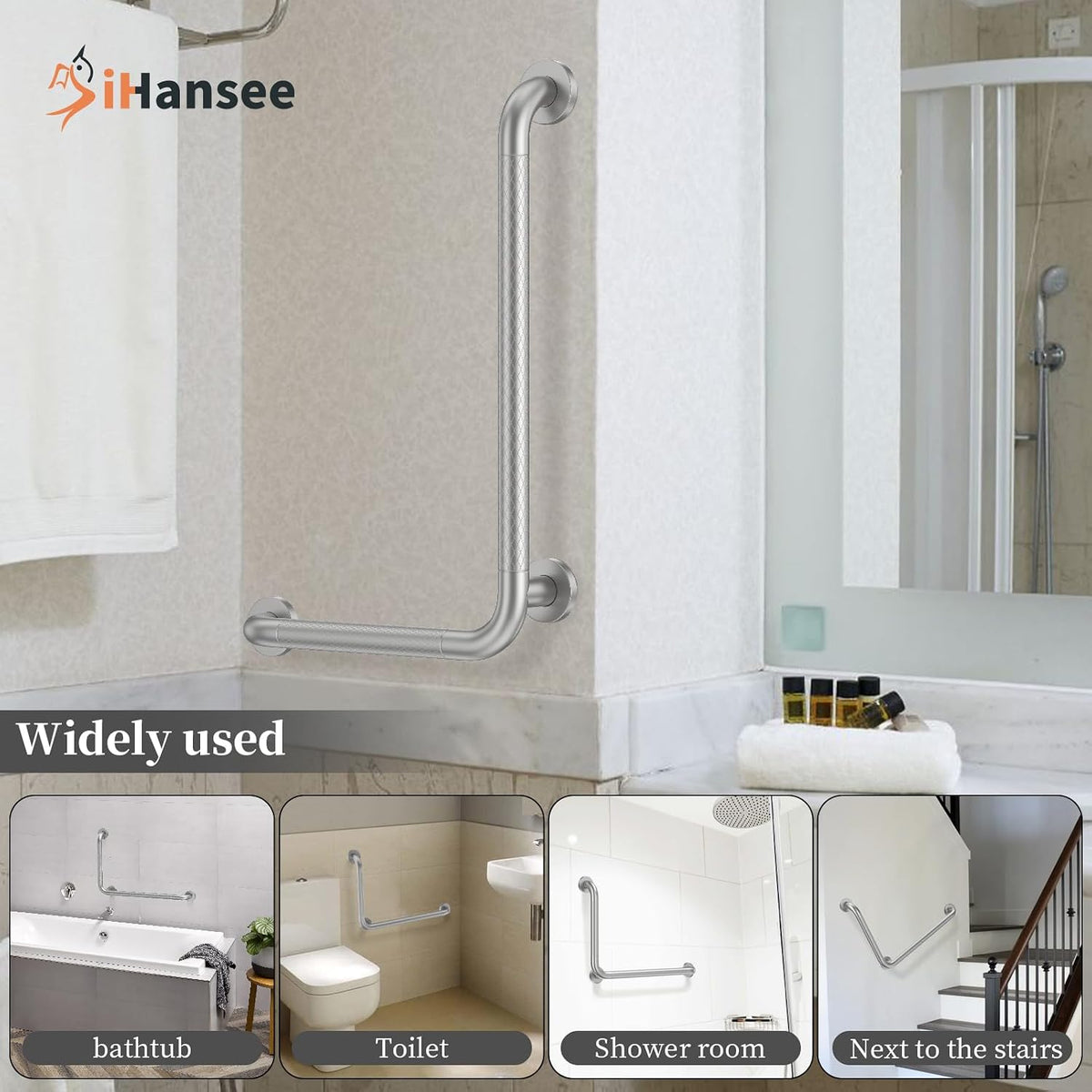Brushed Nickel Angled Grab Bar 16x24 Inch, L-Shaped Grab Bars for Shower