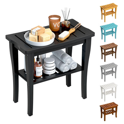 Teak Shower Bench Stool with Storage Shelf, Waterproof Shower Chair Spa Bath Seat, Shower Stool for Inside Shower, Bathroom Bench Seat for Adults Elderly Seniors for Indoor or Outdoor Use