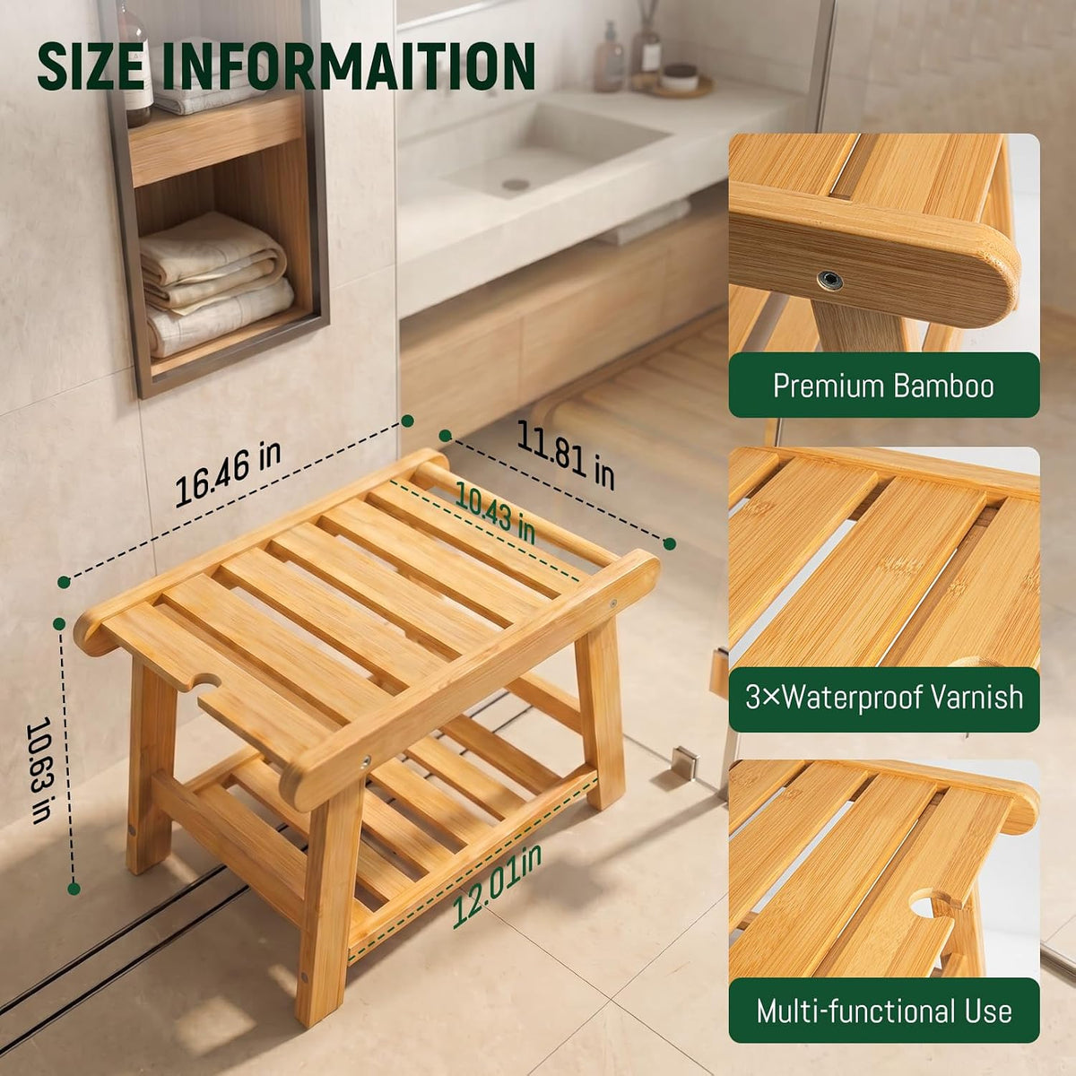 Bamboo Shower Bench Stool for Inside Shower Chair