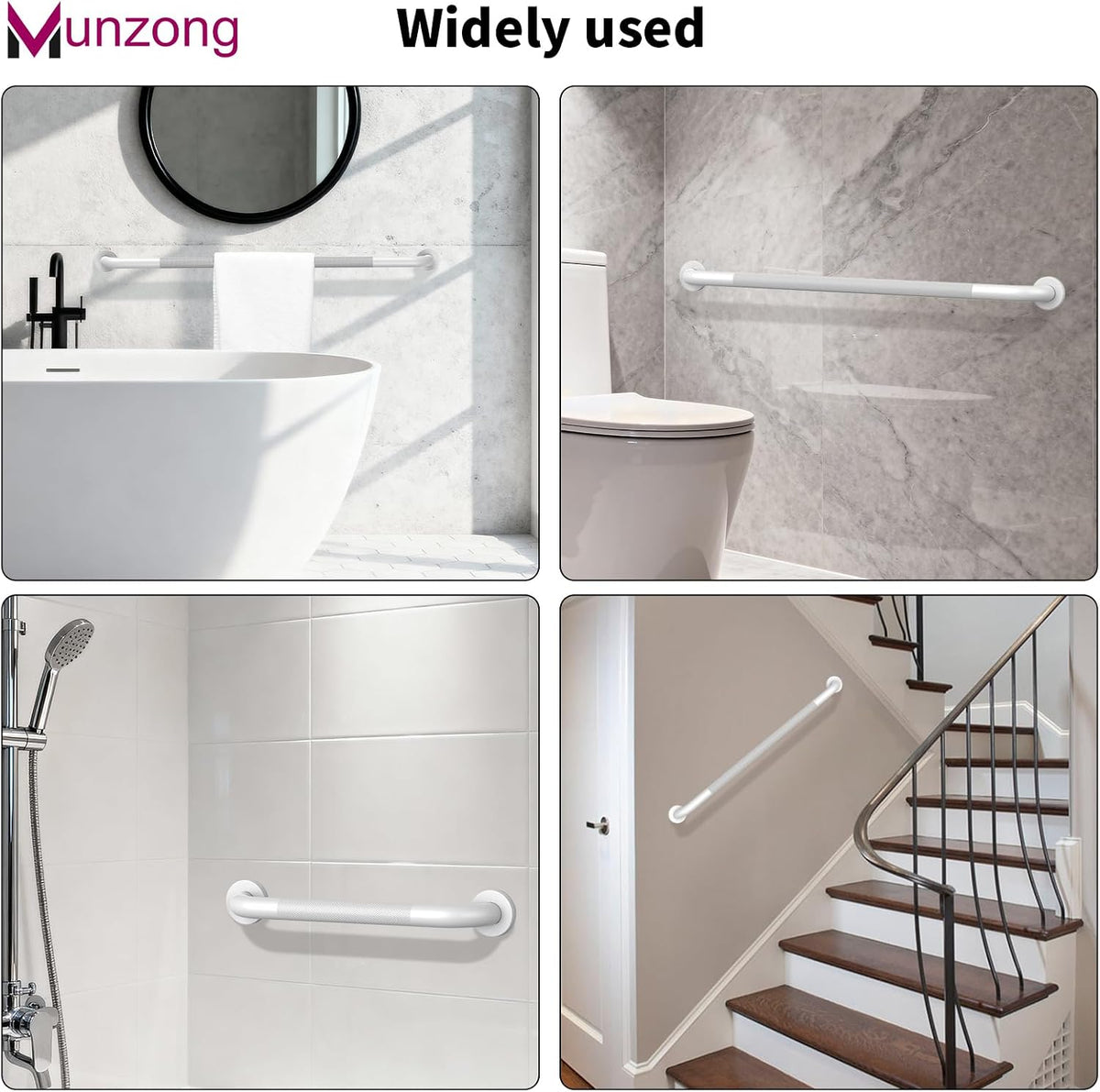 3 Pack Anti Slip Shower Grab Bar, Munzong 12" 16" 16" White Bathroom Bar