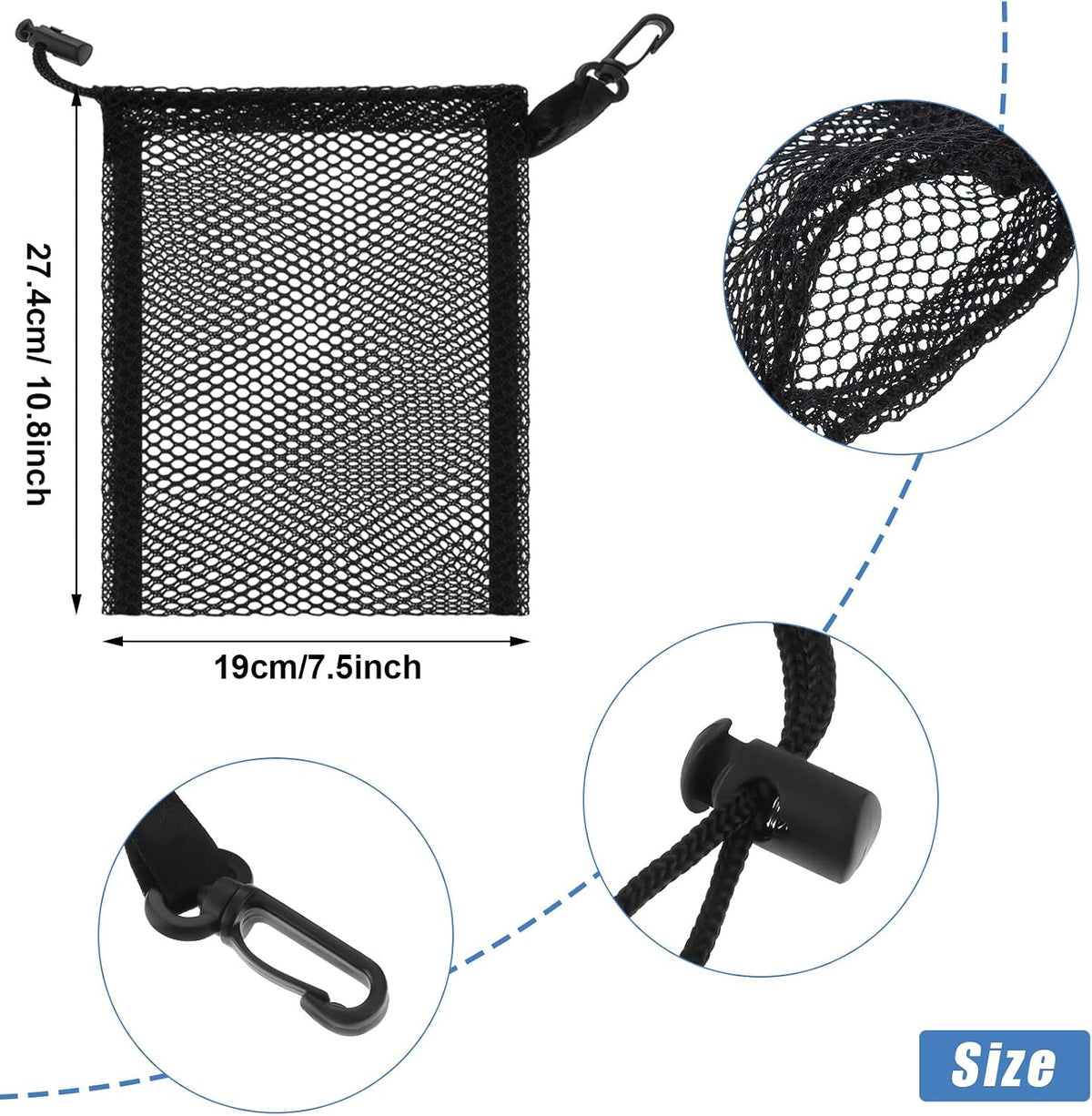 8 Pieces Black Mesh Drawstring Bags with Clips Small Nylon Storage Mesh Bags Shell Bag Dishwasher Net sack for Jewelry Beach Collecting Toys Gifts Travel Kitchen Favor(27.4 x 19 cm/ 10.8 x 7.5 Inch)