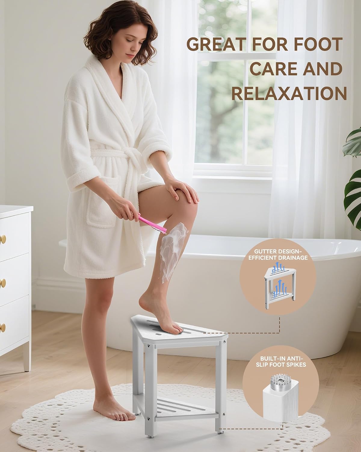 Shower Foot Rest 15in, HDPE Waterproof Shower Stool for Inside Shower,White