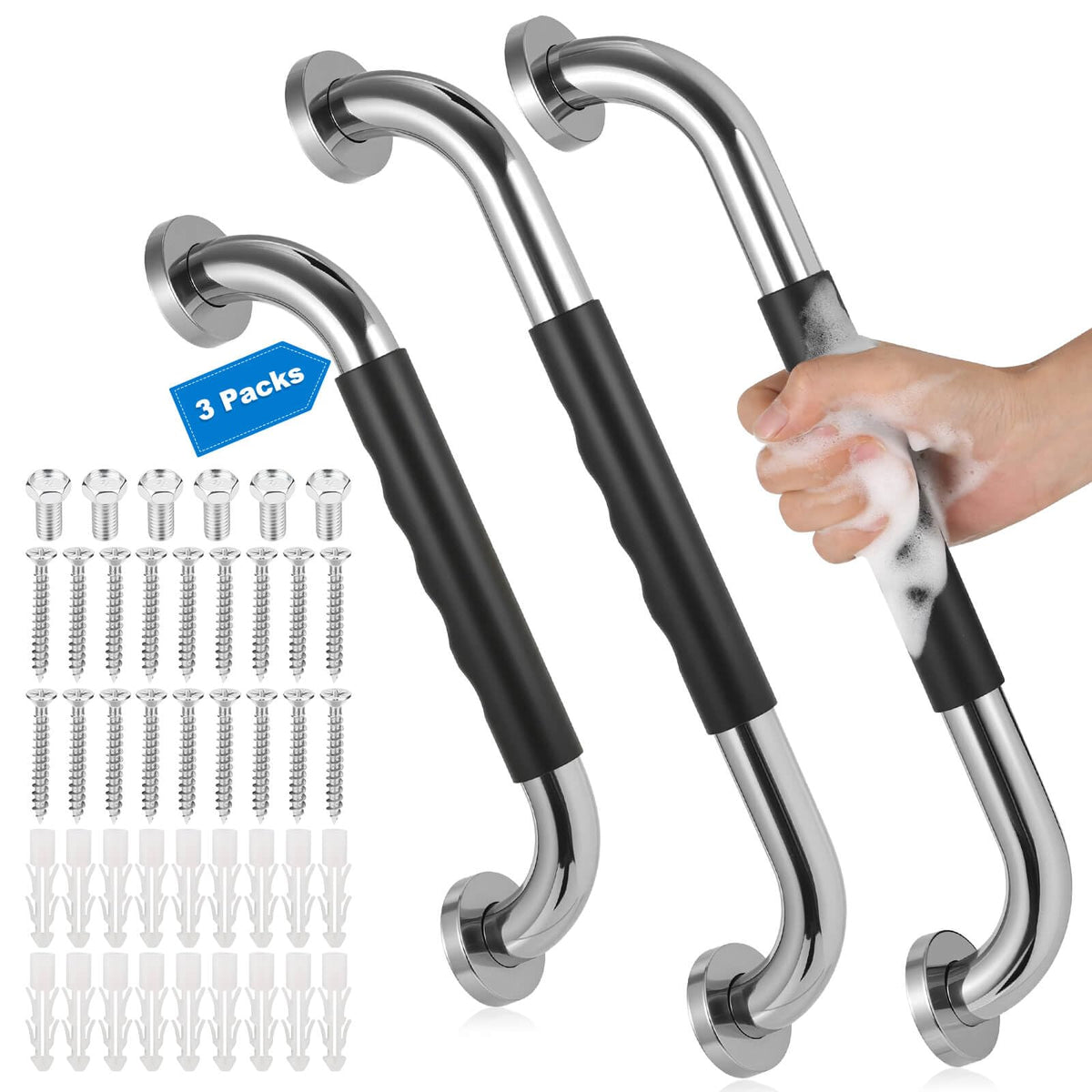 3 Pack Grab Bars for Bathtubs and Showers, 16-Inch and 12-Inch Anti-Slip Bathroom Shower Grab Bars for Seniors Wall, Safety Handicap Grab Bars Stainless Steel,Shower Handle for Elderly, Wall