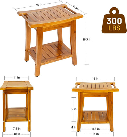 16" Compact Teak Shower Bench with Shelf & Handle, Solid Premium Teak Shower Stool, Durable Waterproof Seat for Inside Shower, Teak Wood Bench for Bathroom, Indoor & Outdoor Use