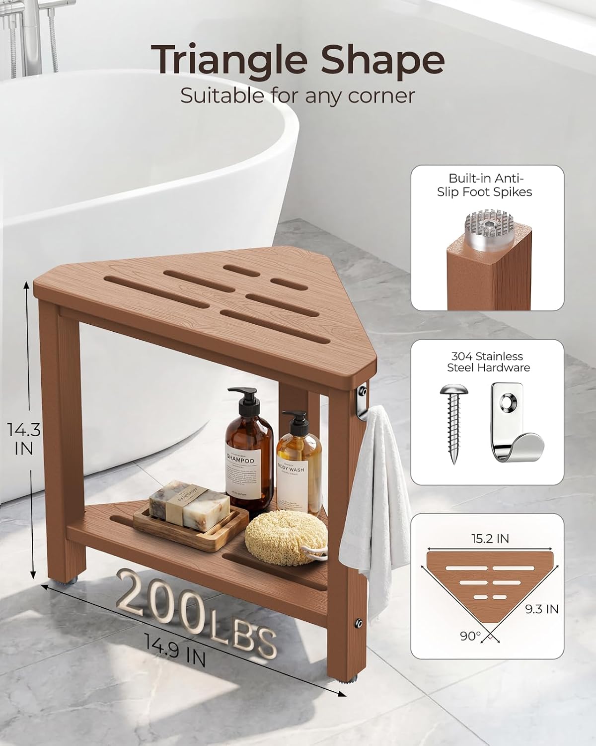 15" Shower Foot Rest with Side Hook, HDPE Waterproof Corner Shower Stool for Shaving Legs, Anti-Slip Shower Bench with Storage Shelf for Inside Shower, Space-Saving Shower Seat for Small Showers, Teak