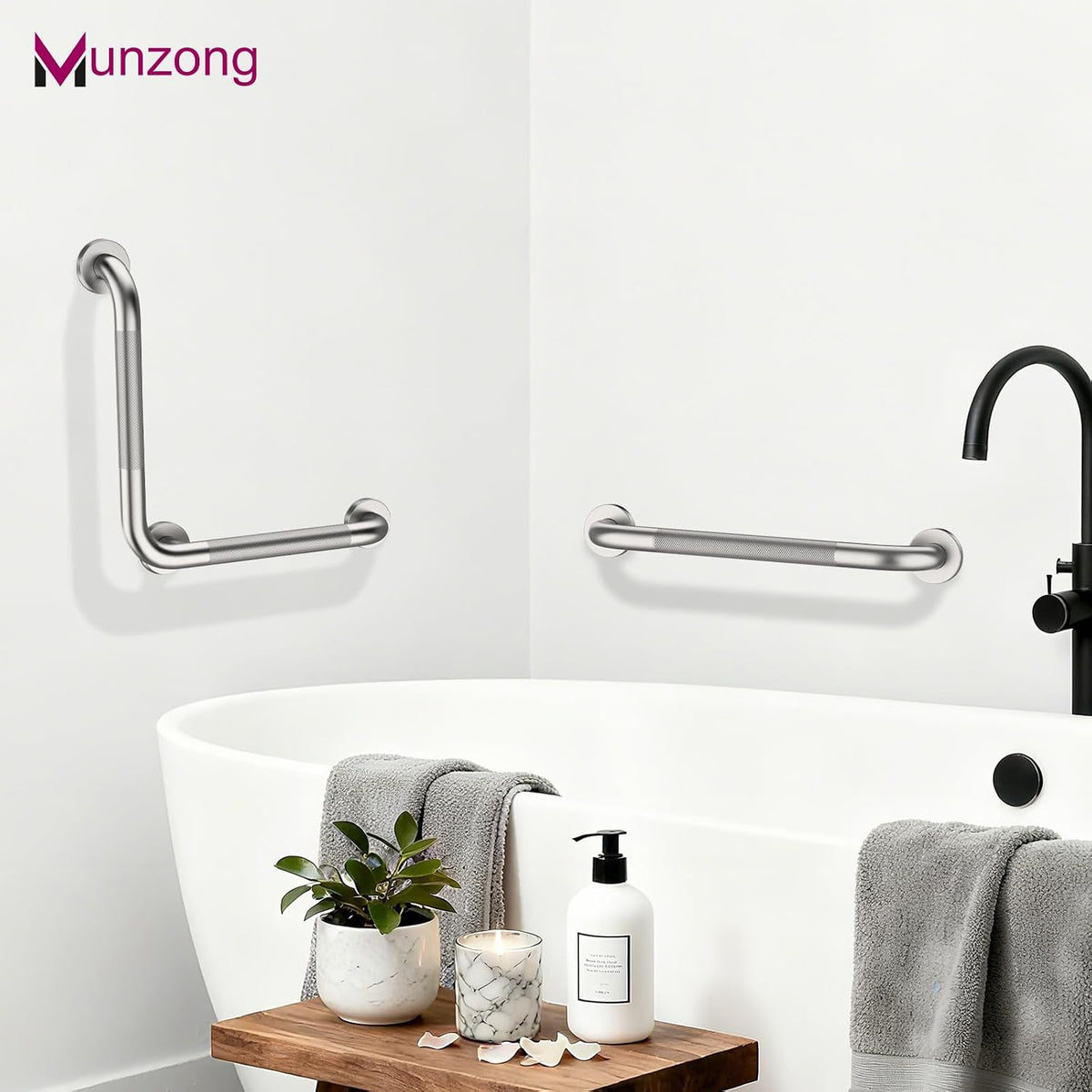 16x16 Inch Anti Slip Angled Shower Grab Bars, Brushed Nickel Grab Rail
