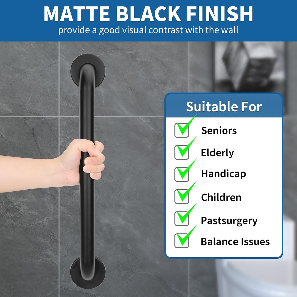 Safety Shower Grab Bars for Seniors, Stainless Steel Anti Slip Shower Handle, ADA Compliant Hand Rails, Holds up to 500 LBS Grab Bars for Elderly for Wall (Black, 18 Inches)