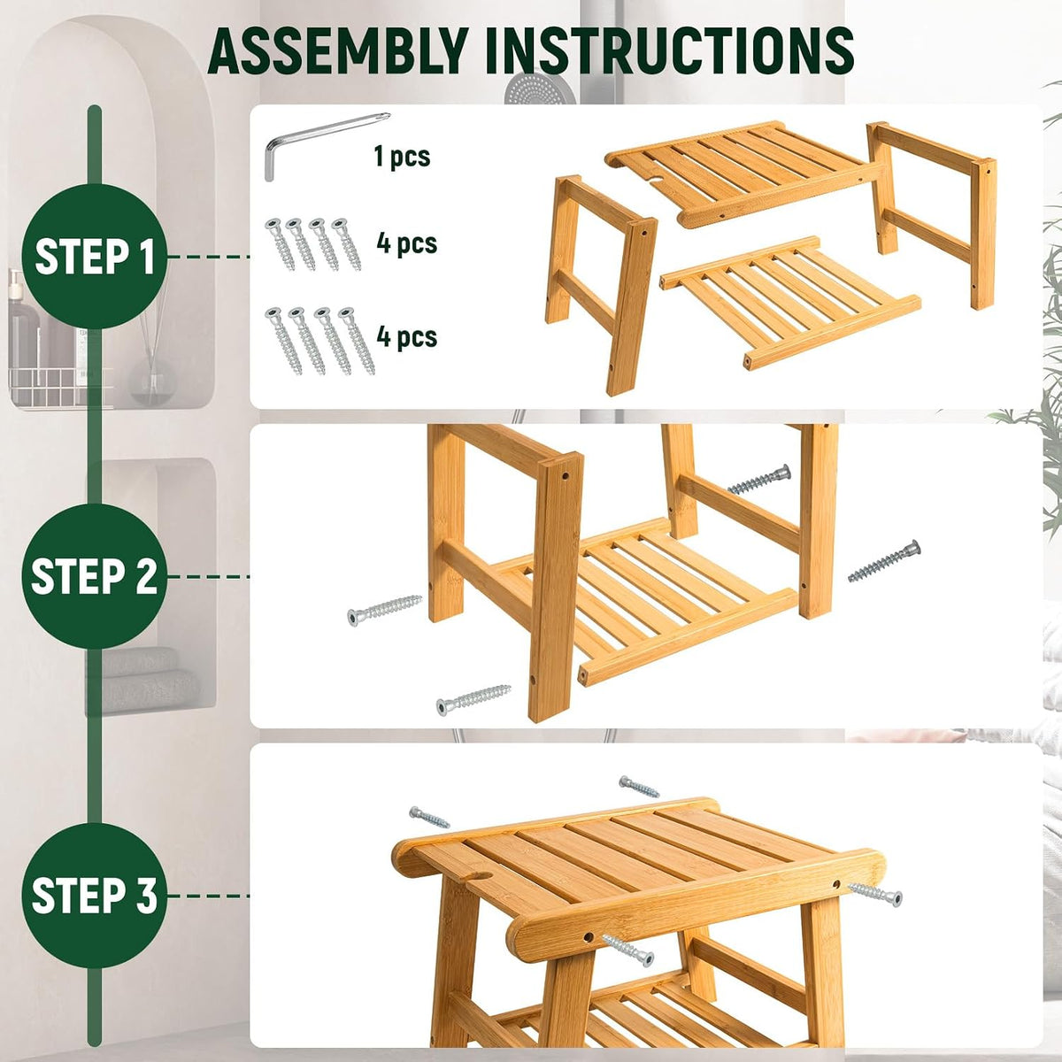 Bamboo Shower Bench Stool for Inside Shower Chair