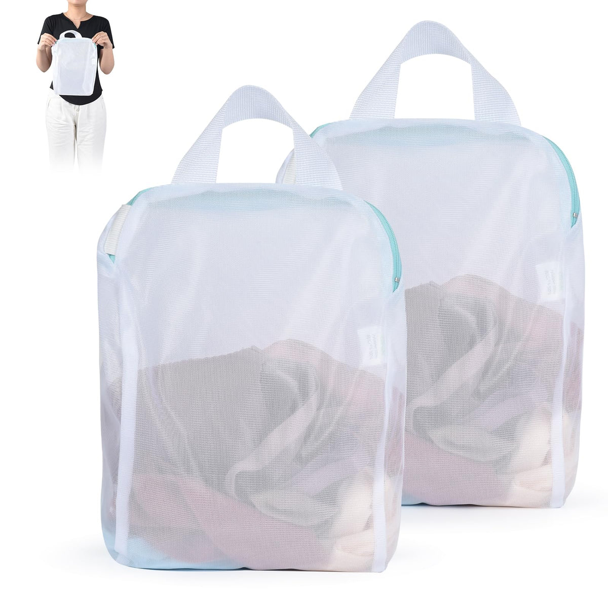 OTraki Large Mesh Laundry Bags 24x32 inch Hanging Delicates Mesh Laundry Bag with Handles Lingerie Bags Washing Machine Bag Zipper Opening,Don't Drying, Melting 140-176℉,White