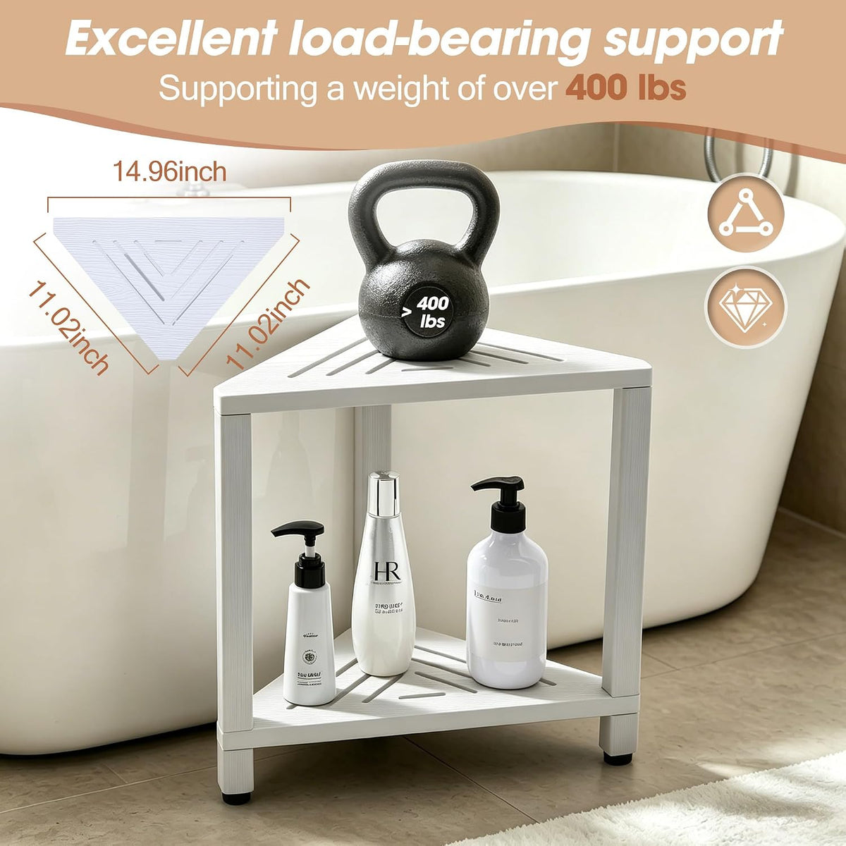 Corner Shower Stool with Storage Shelf, HDPS Waterproof Shower Foot Rest for Shaving Legs, 2-Tier Triangle Bathroom Stool for Inside Shower, Non-Slip Small Shower Bench, White