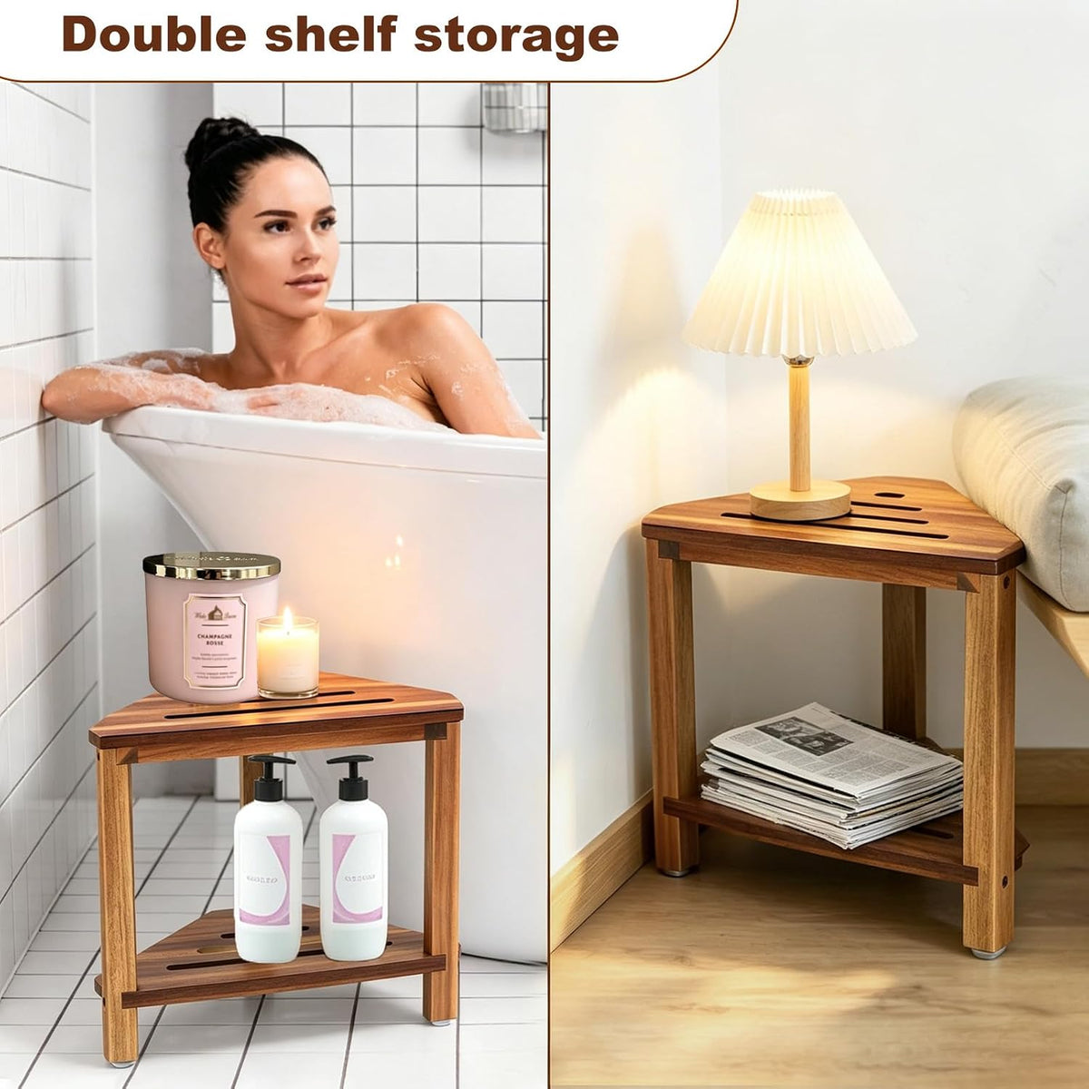 IBosins Corner Shower Stool 14in Small Bench Storage Shelf Natural Finish