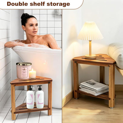 IBosins Corner Shower Stool 14in Small Bench Storage Shelf Natural Finish