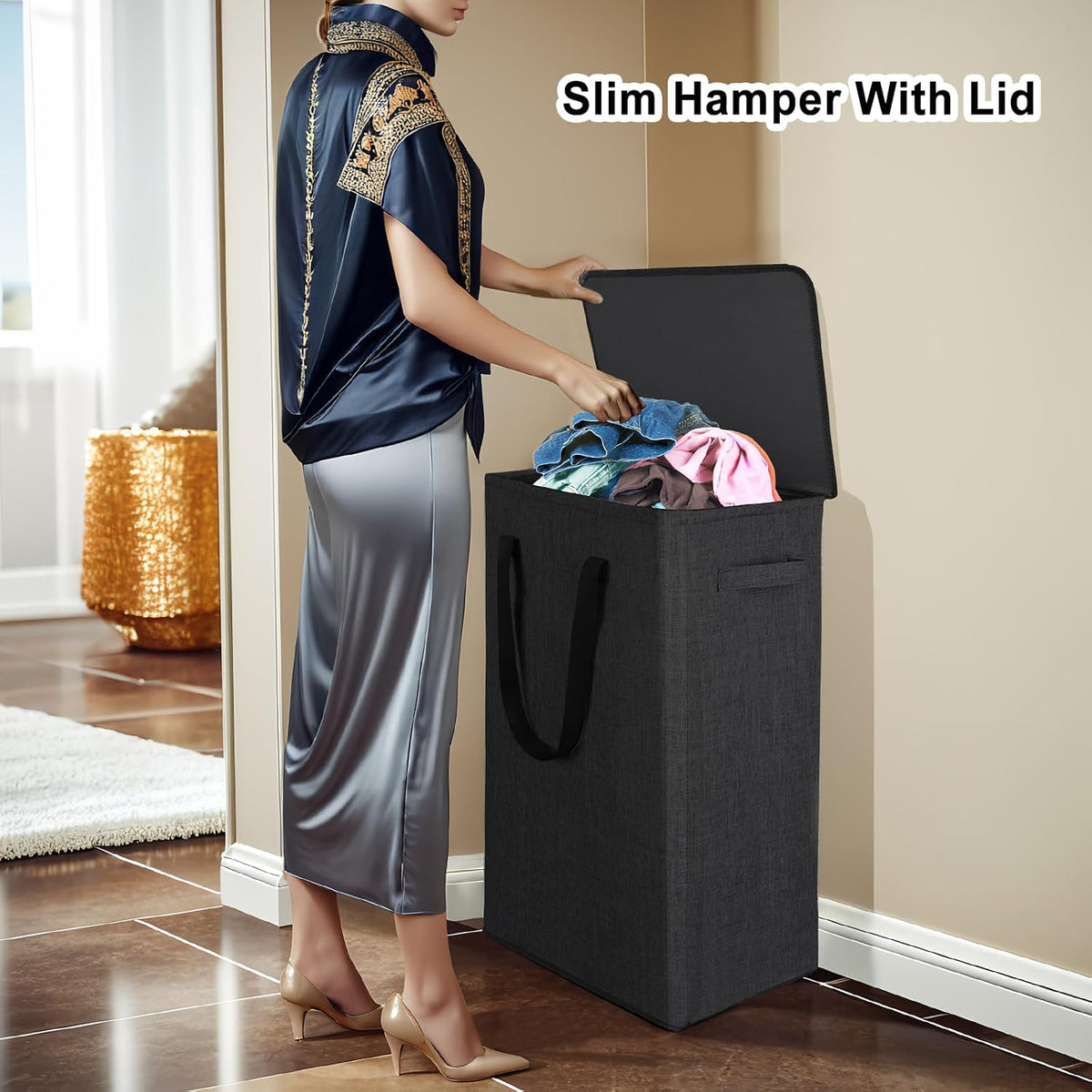 Odonata 75L Slim Laundry Hamper with Lid,Large Foldable Laundry Basket with Removable Bag and Handles Tall Collapsible Dirty Clothes Basket Great for Bedroom, Bathroom, Dorm, College,RV.(Black, 75L)