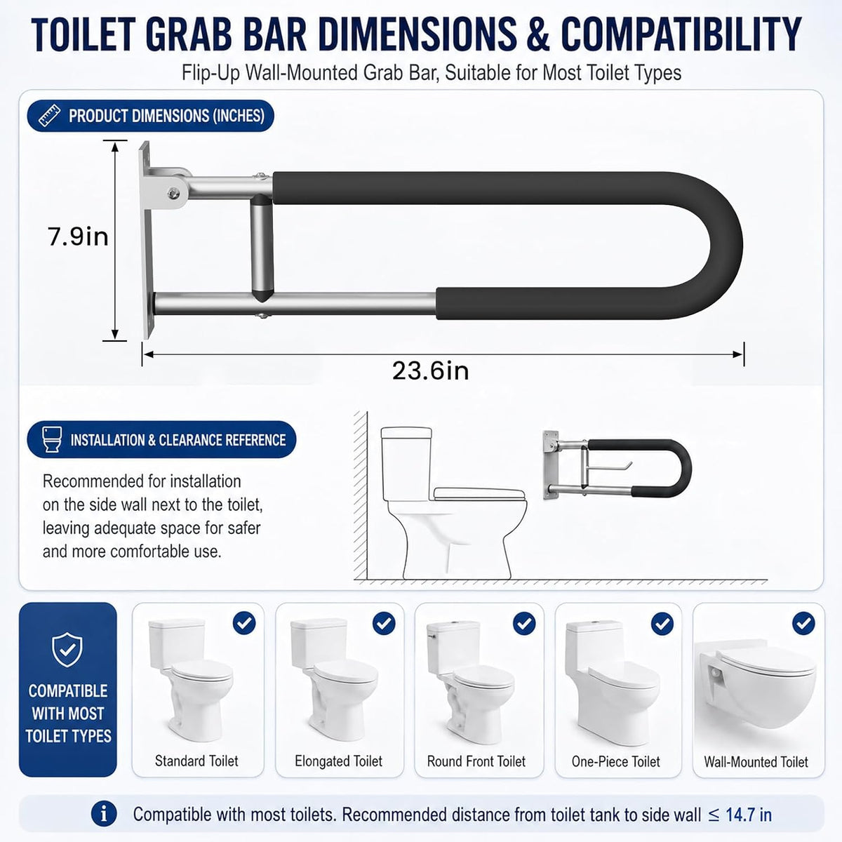 Handicap Grab Bars Rails 23.6 Inch Toilet Handrails Bathroom Safety Bar Toilet Support Rail Handicapped Handrail Accessories for Seniors Elderly (23.6inch)
