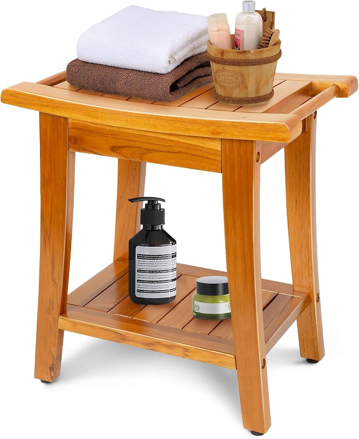 16" Compact Teak Shower Bench with Shelf & Handle, Solid Premium Teak Shower Stool, Durable Waterproof Seat for Inside Shower, Teak Wood Bench for Bathroom, Indoor & Outdoor Use