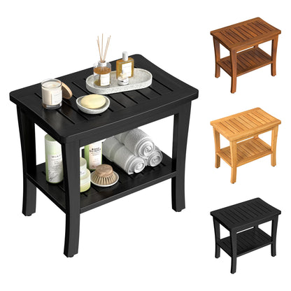 Teak Wood Shower Bench Stool with Storage Shelf, Wooden Waterproof Bathroom Spa Bathing Teak Shower Stool with Non-Slip Feet Gadget 2024 for Indoor or Outdoor Shower Chair Seat Organizer