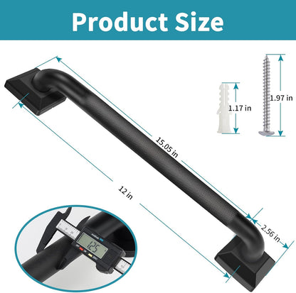 Shower Grab Bars for Seniors, 12 Inch Square Matte Black Bathroom Handle for Wall, 304 Stainless Steel Anti Slip Bathtub Safety Bar, ADA Compliant 500 LBS Hand Rail for Elderly, Handicap